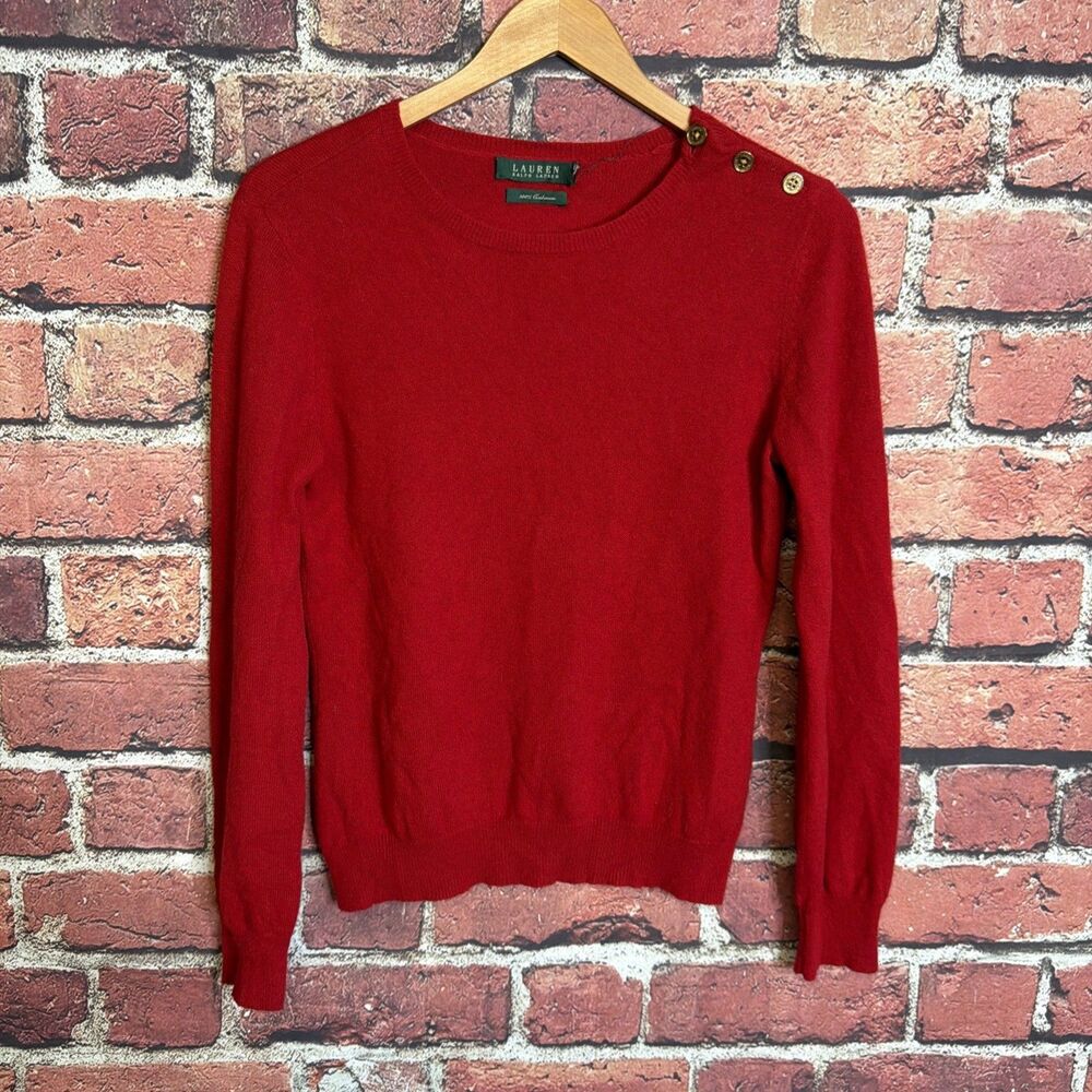 Lauren Ralph Lauren 100% Cashmere Sweater Sz Medium Red Knit Crew Neck Pullover